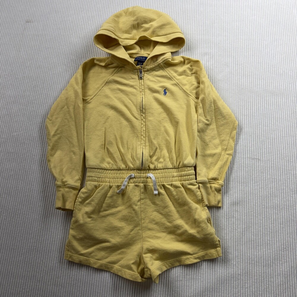 Polo Ralph Lauren Romper Girls M 8-10 Yellow Hooded French Terry One Piece